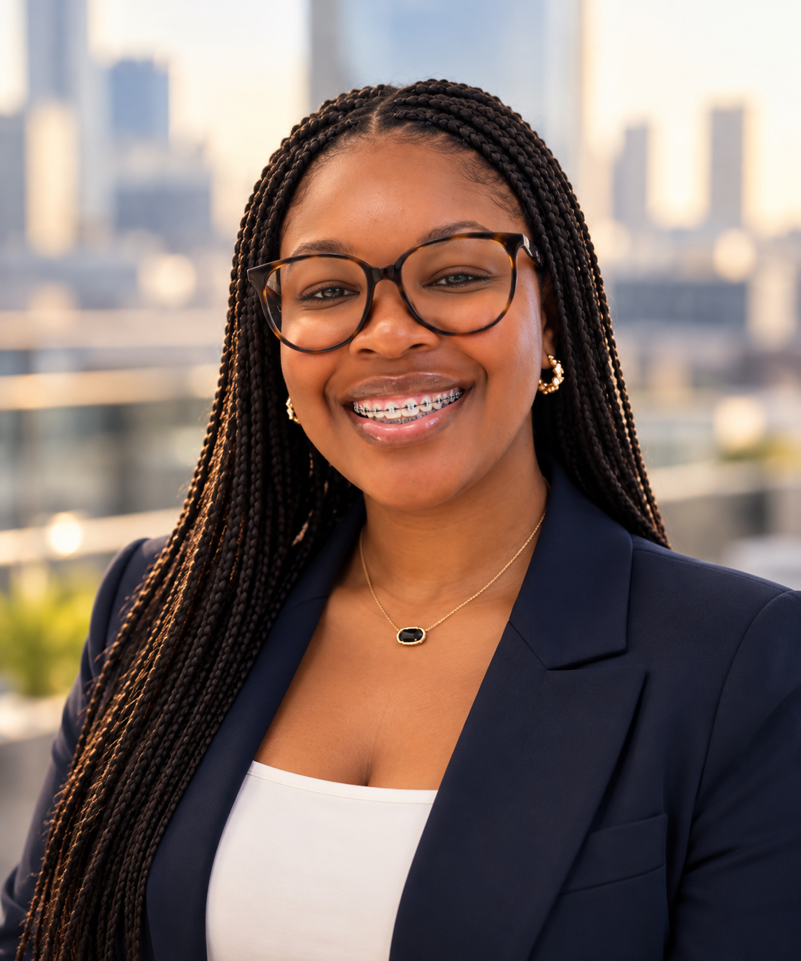 Simone Lewis smiling in glasses and a navy blazer, with a softly blurred city skyline behind her